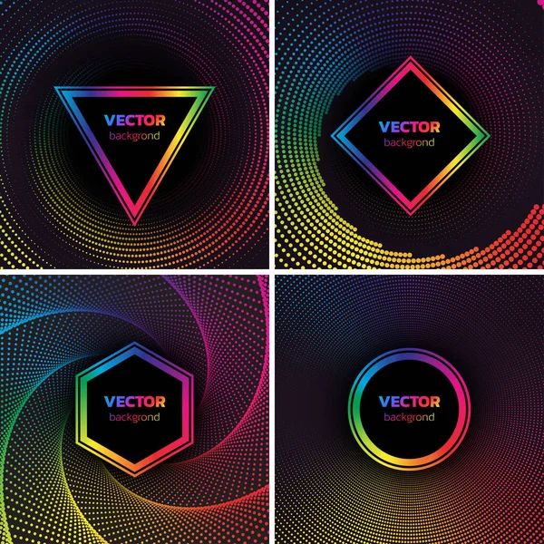 Halftone titik latar belakang ditetapkan. Rainbow Colors Circle, hexagon, suare dan bentuk segitiga di atas vortex. Ilustrasi vektor berwarna abstrak - Stok Vektor