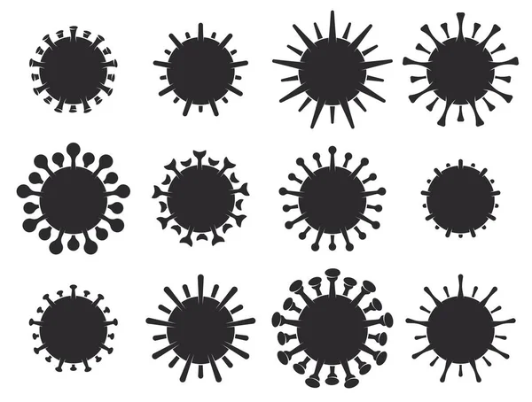 생물학적 바이러스 아이콘들의 집합입니다. 코로나 바이러스 (coronavirus) 코로나 바이러스 (covid-19) 실루엣 기호는 흰 배경에서 분리되었다. 벡터 일러스트 — 스톡 벡터