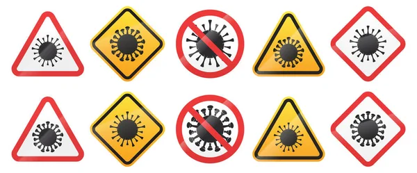 Set di segnali di allarme virus biologici. Coronavirus COVID-19 Simbolo di avvertimento isolato su sfondo bianco. Illustrazione vettoriale — Vettoriale Stock