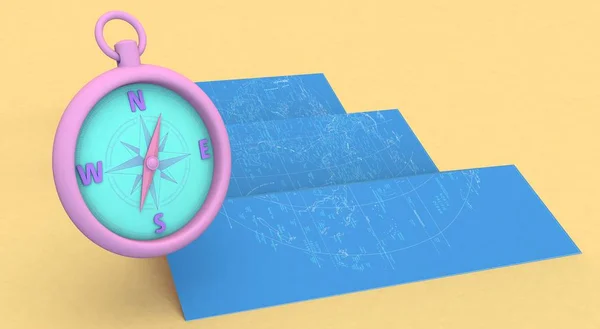 3D-Darstellung blauer Karten und Kompass auf gelbem Hintergrund — Stockfoto