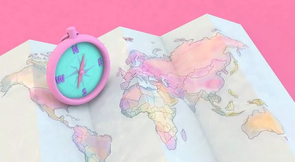 3D rendering färgglada kartor och kompass på rosa bakgrund — Stockfoto