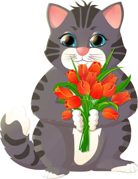 Kattunge med en bukett blommor — Stock vektor