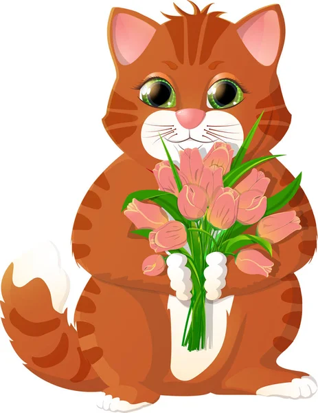 Ginger kitten with pink tulips — Stock Vector