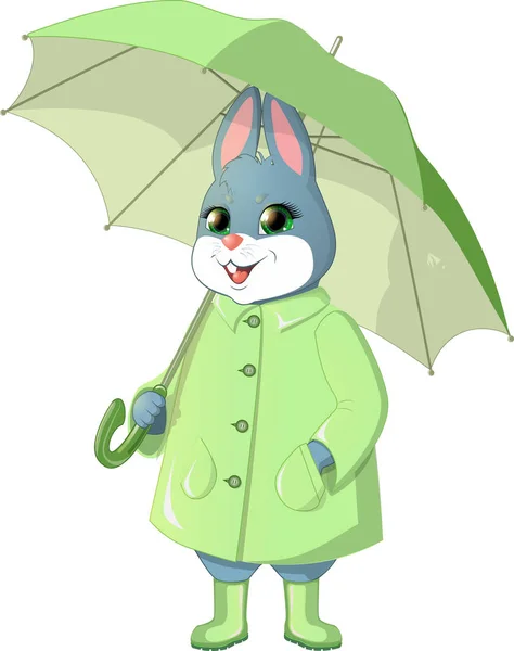 Bunny with green umbrella — Stock Vector