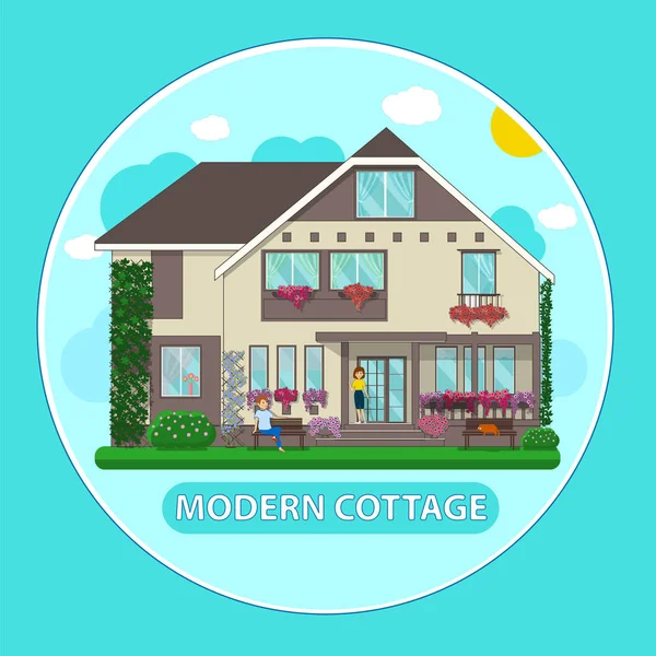 Cottage moderno persone piante . — Vettoriale Stock