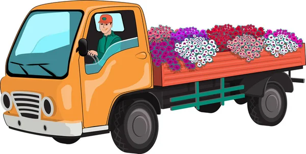 Ciężarówka przewozi kwiaty. — Wektor stockowy