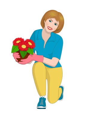 Bir pot çiçek tutan bir kız