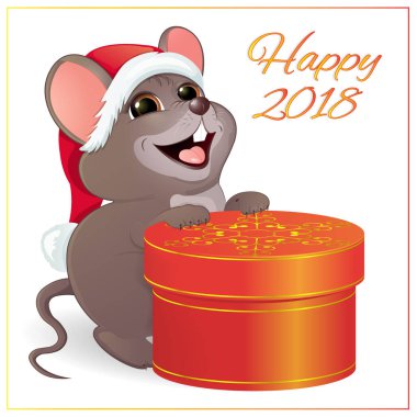 A small funny mouse with a large, round, red gift box. clipart