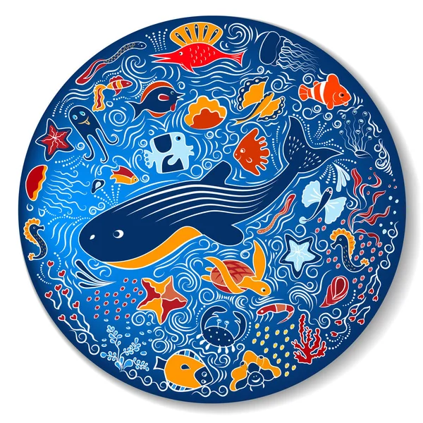Patrón circular con vida marina — Vector de stock