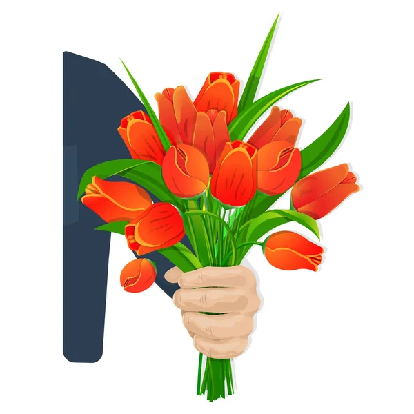 Tulipanes escarlata en mano — Vector de stock
