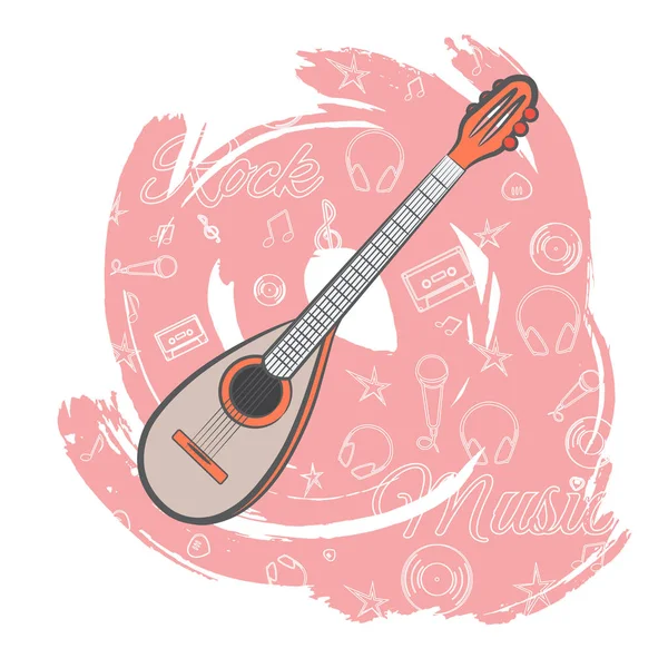 ピンク背景のギター 弦楽器 カセット ビニール 星の線形イメージ ミュージック ストアのデザイン 音楽祭をロックします ベクトル図 — ストックベクタ