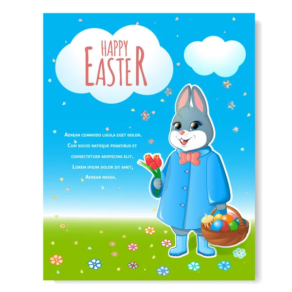 Cartel de conejo de Pascua con cesta-01 — Vector de stock