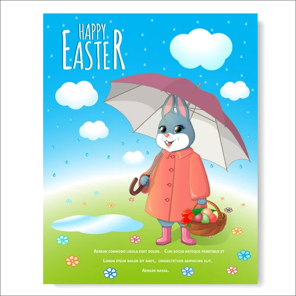 Cartel de conejo de Pascua con cesta-03 — Vector de stock