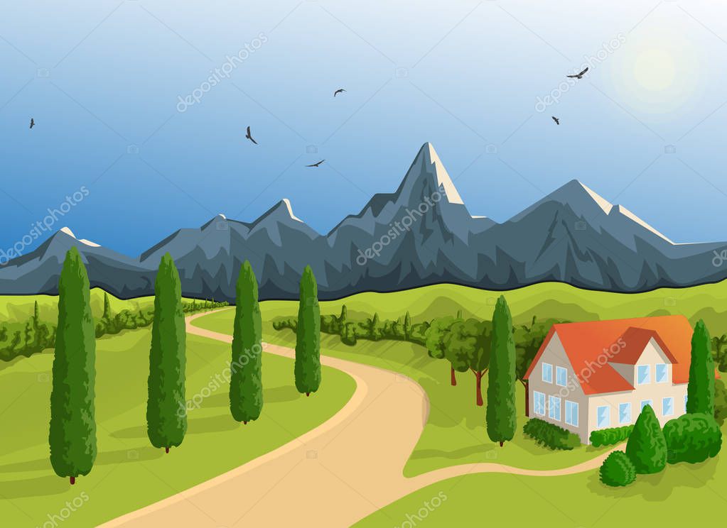 Mountainous Terrain A House Against The Backdrop Of The Mountains A Bright Sunny Day A Blue Sky Flying Eagles Southern Vegetation Cypresses Road To The Field A Rural Summer Landscape Vector Premium