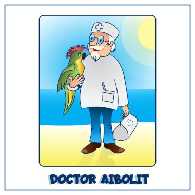 Doktor-veteriner bir çocuk s peri masalı, adı Aibolit olan üzerinden. Sahil üzerinde bir papağan elinde tutar. Elinde bavulla sağlık görevlileri ve bir termometre var. Çocuk s yaratıcılık için. Vektör çizim.