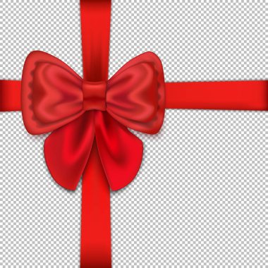 Kırmızı fiyonk ve saten kurdele. Şeffaf bir arkaplanda gerçekçi bir görüntü. Kartpostal, broşür ve posterlerin tasarımı için bir model. Vektör illüstrasyonu.