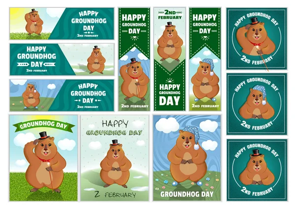 Happy Groundhog Day Feriado Primavera Fevereiro Conjunto Banners Cartazes Groundhog — Vetor de Stock