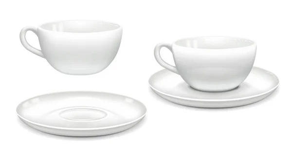 Beyaz kahve fincanı ve çay tabağı. Birlikte ve ayrı ayrı. Yan görüş. Reklam tasarımı için bir model. Beyaz bir arka planda izole edilmiş. Vektör illüstrasyonu.
