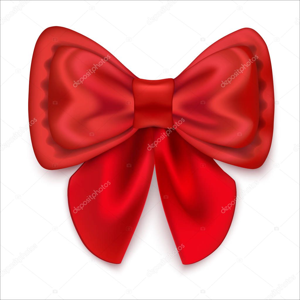 Red satin bow with ribbons. Festive decoration. Isolated on a white background. Vector illustration