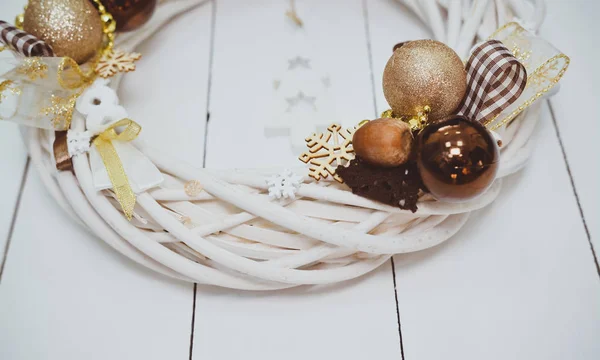 Beautiful Handmade Christmas Wreath on Wooden Background — Stock Photo, Image