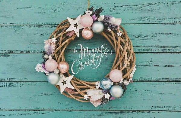 Beautiful Handmade Christmas Wreath Background with Festive Decoration and Text — стоковое фото