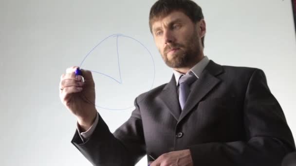 Hombre de negocios barbudo dibuja el calendario, bloque de circuitos y diagrama — Vídeos de Stock