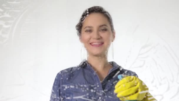 Jeune femme au foyer lavé fenêtre avec un spray, chiffon et détergent. Grand verre en mousse. Concept de travaux ménagers . — Video