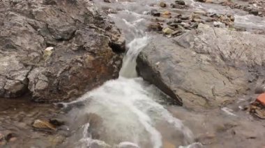 Küçük dağ nehri. Kayalar arasında akan dere ile Manzara. orijinal ses ile