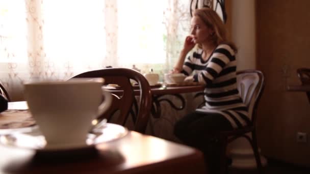 Pretty young woman sitting at cafe drinking tea or coffe and smiling — Stock Video