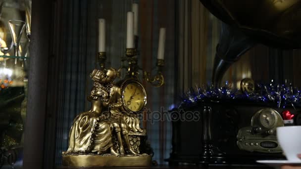 Portrait of a young woman stends near the fireplace, happy smiling girl drinks tea — Stock Video