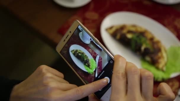 Модная женщина в ресторане делает фото еды с фотоаппаратом мобильного телефона для социальной сети — стоковое видео