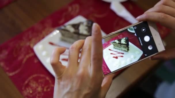 Bir restoranda trendy kadın olun fotoğraf gıda ile hareket eden telefon fotoğraf makinesi için sosyal ağ — Stok video