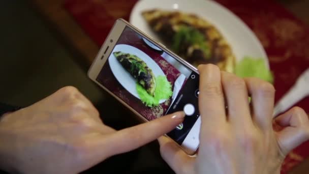 Moderní žena v restauraci fotografování potravin s mobilní telefon fotoaparát pro sociální sítě — Stock video