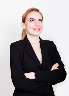 Çekici ve enerjik iş kadını çıplak vücut gülümseyen üzerinde bir takım