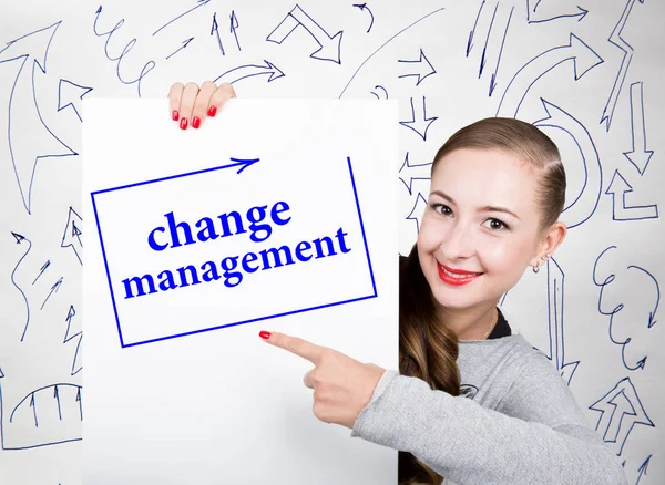 Young woman holding whiteboard with writing word: change management. Technology, internet, business and marketing. — Stock Photo, Image