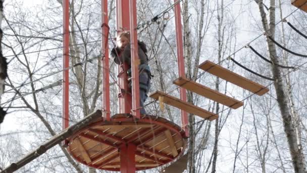 Mladý horolezec žena chodí přívěsek dřevěný most na vysokých lanových překážek v extrémních parku — Stock video