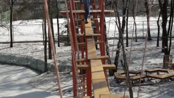 Young female climber walks by pendant log bridge on high ropes course in extreme park — Stock Video