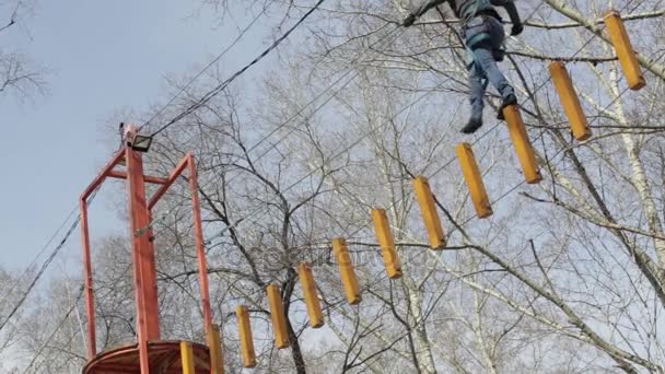 Молодая альпинистка прогуливается по бревенчатому мосту на высоких канатах в экстремальном парке — стоковое видео