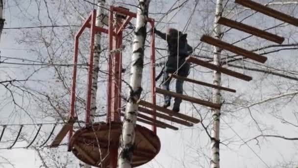 Jeune grimpeuse marche par pendentif pont en rondins sur le parcours de cordes élevées dans le parc extrême — Video