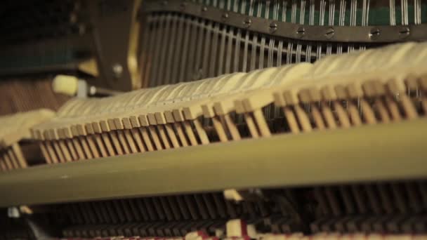 Piano binnen, interne structuur van de piano, hamers en sleutels. — Stockvideo