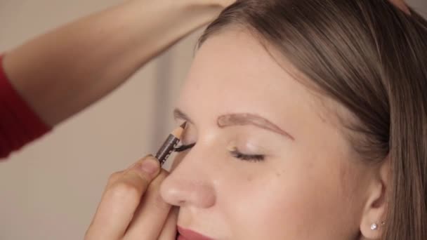 Maquillador dibujando las cejas del cliente a lápiz. Primer plano. . — Vídeos de Stock