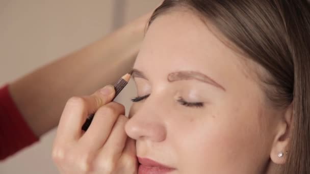 Maquillador dibujando las cejas del cliente a lápiz. Primer plano. . — Vídeos de Stock