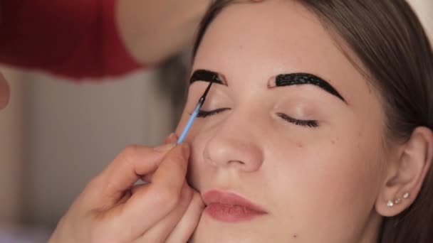 Professional make-up artist drawing eyebrows of client with henna — Stock Video