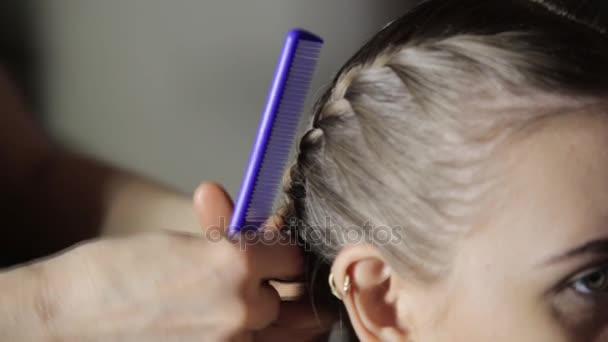 Peluquería trenzas trenzas para mujer morena joven. El estilo profesional facilita el peinado — Vídeo de stock