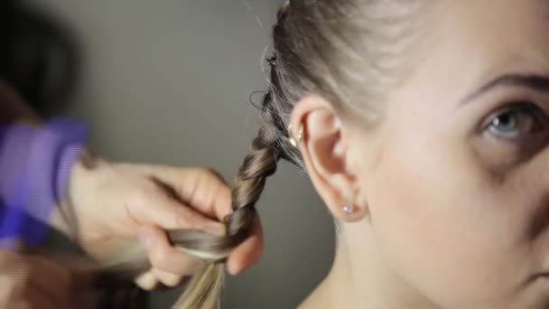 Fryzjer do grzywy plecionki dla młodych brunetka kobieta. Professional styling ułatwia Stylizacja — Wideo stockowe