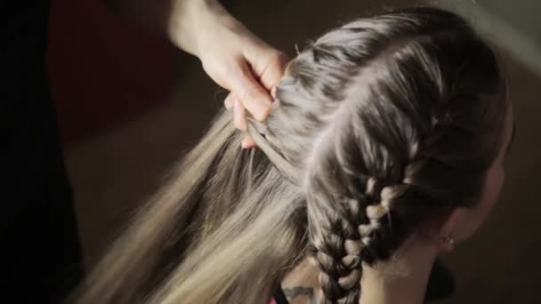 El estilo profesional hace que el peinado sea más fácil, trenzas trenzables en un salón de belleza — Vídeo de stock