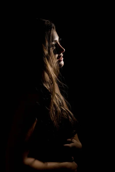 Woman Sexy Silhouette. Body scape of woman neck and hand on a dark background