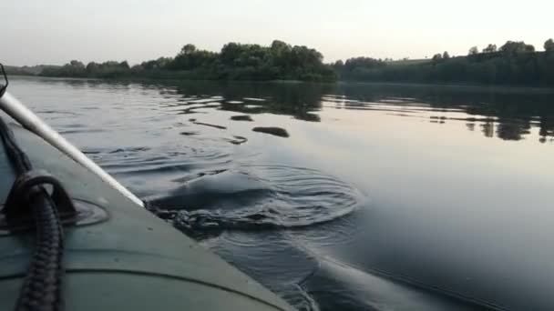 Bateau navigue le long de la rivière, aviron du bateau toucher l'eau et provoquant éclaboussures et ondulations dans l'eau . — Video