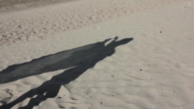 Bir rüzgar üzerinde pareo ile ince genç kız bir kum üzerine gölge