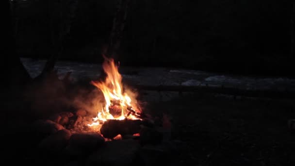 Kampvuur brandt fel avonds langs het mooie strand van rivier — Stockvideo